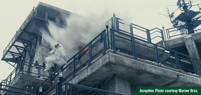The mountain fortress, designed by Luke Freeborn for the film Inception, explodes