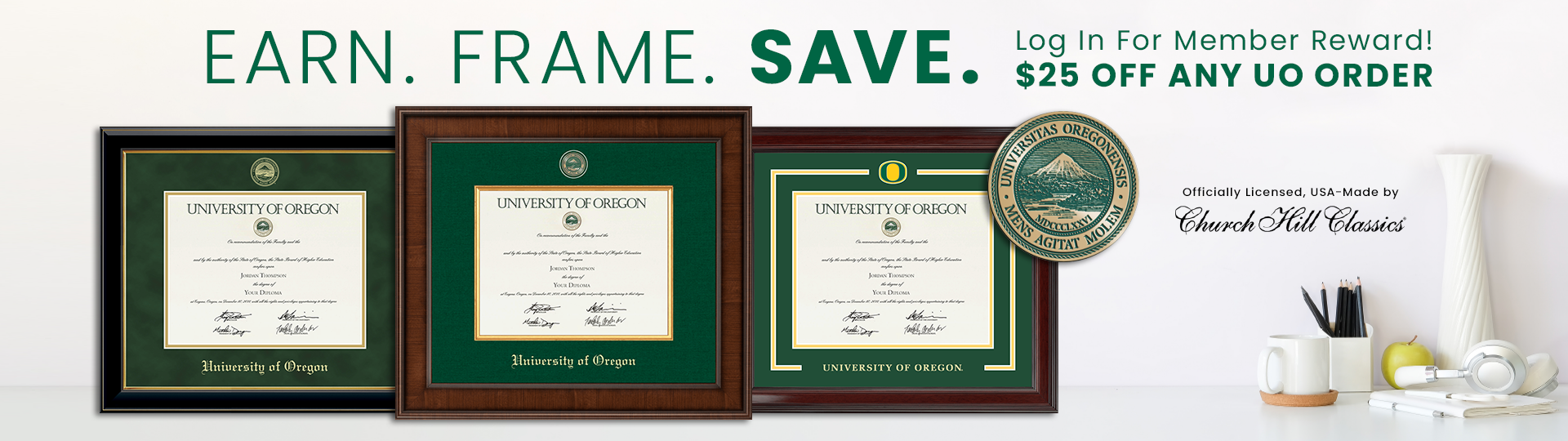 Image of diploma frames with UO degrees in them