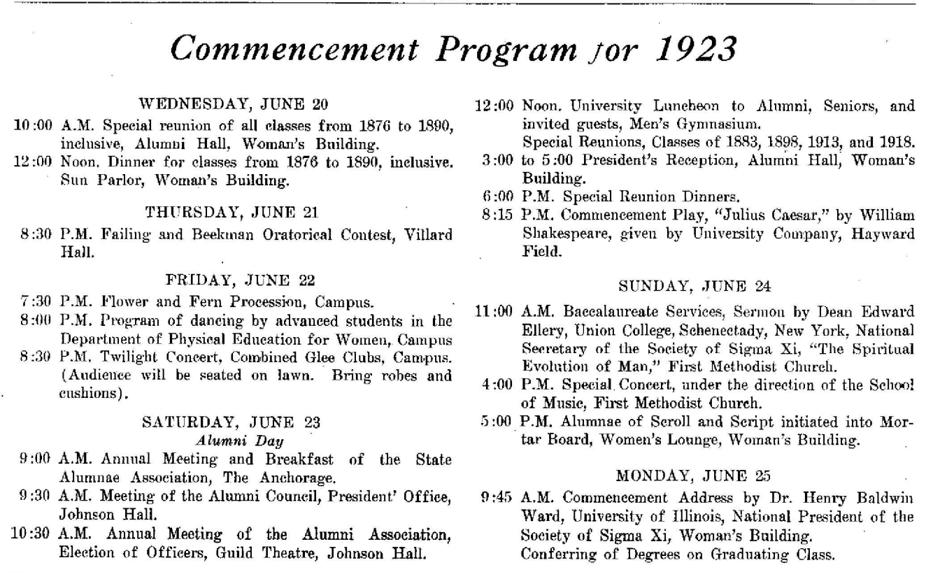 1923 Commencement festivities schedule