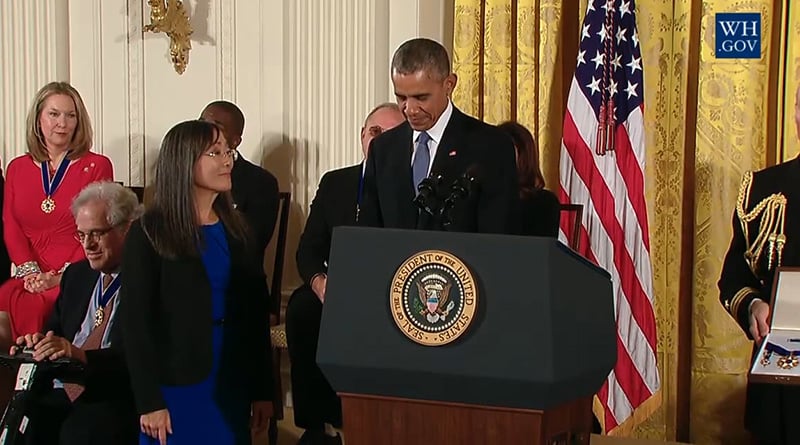 Laurie Yasui receives the Presidential Medal of Freedom from President Obama on behalf of her late father