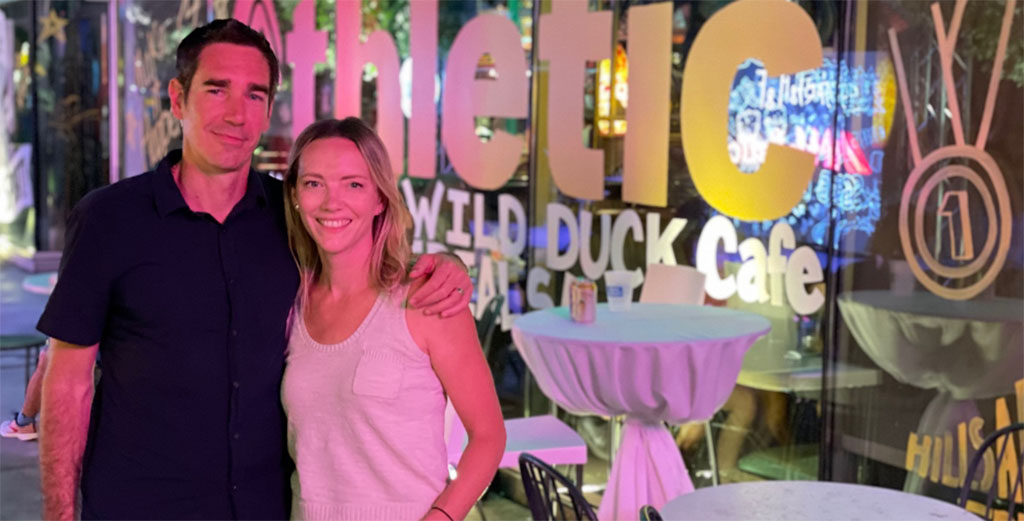 Ross and Kayla Krempley outside the Wild Duck Cafe during the 2021 Olympic Trials