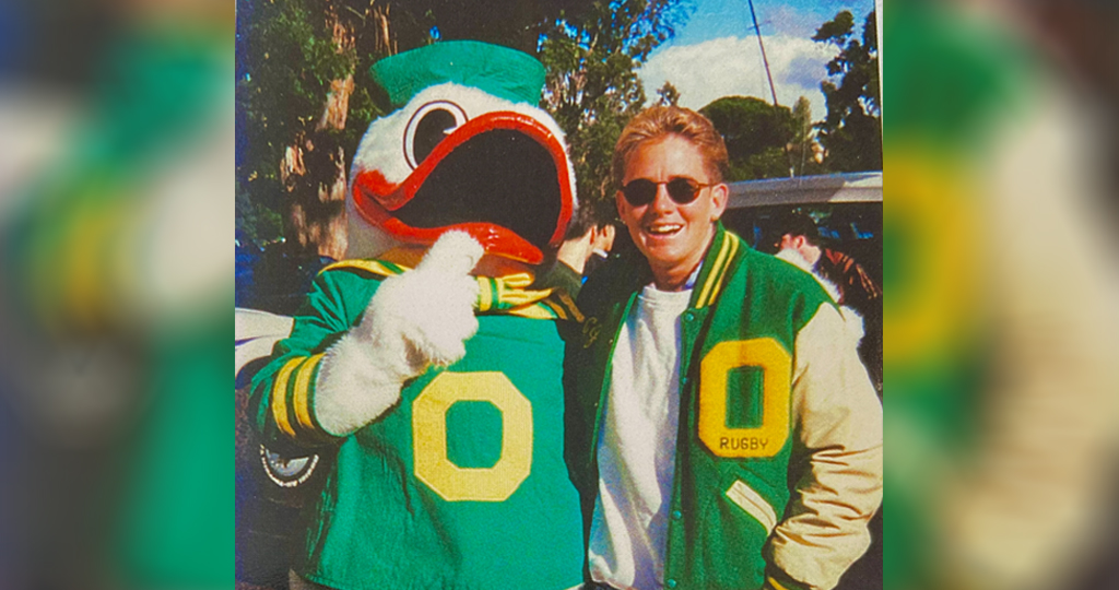 Cassandra Law, BS ’88 (human development and performance), pictured in her Oregon jacket with the Duck