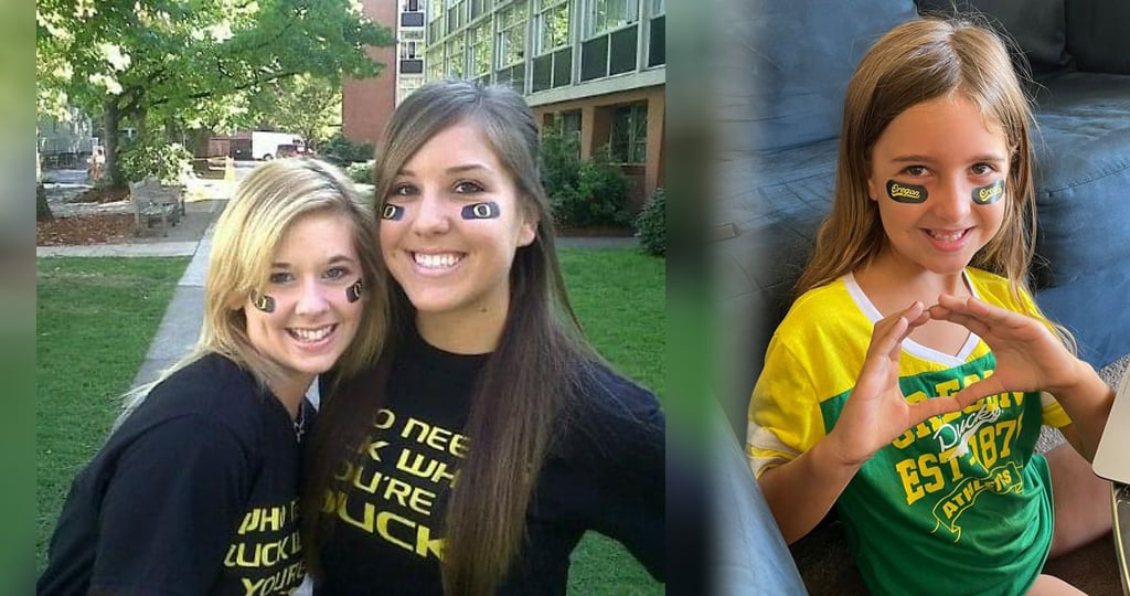 Rachel Barraza at her first Ducks game in 2010, and her daughter, a future Duck