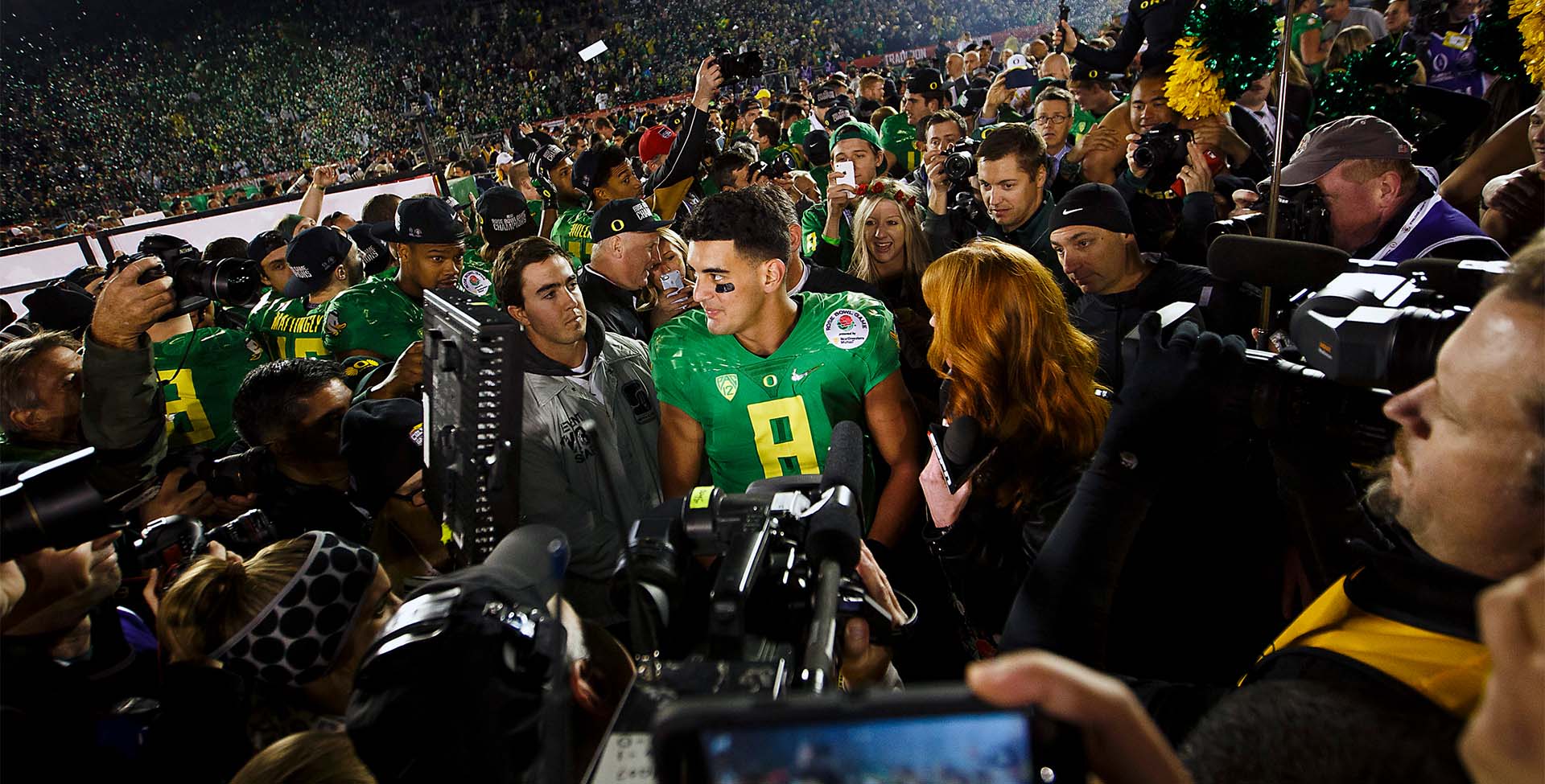 Marcus Mariota looks on following Oregon's Rose Bowl Victory