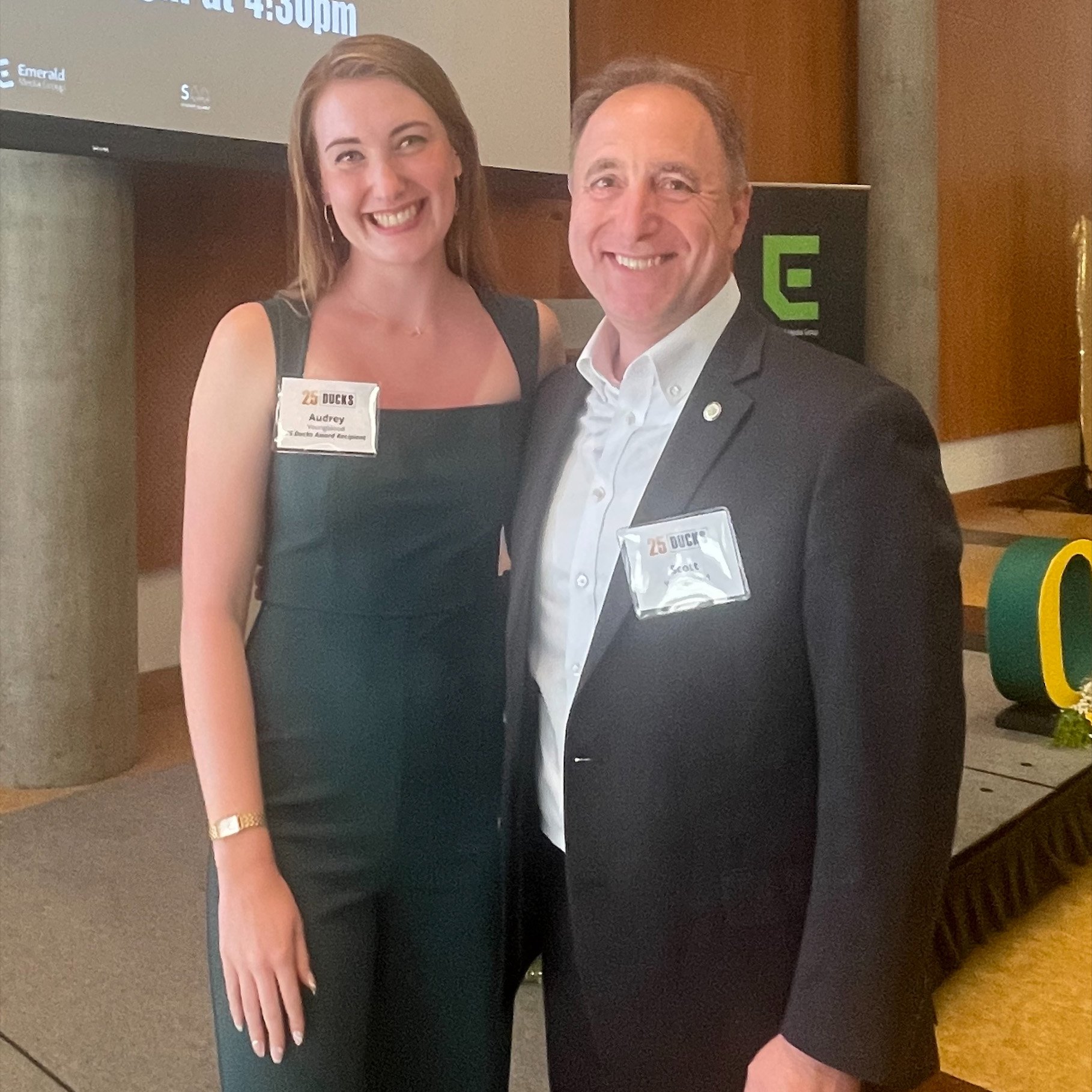 Audrey pictured with her dad at the 25 Ducks award ceremony