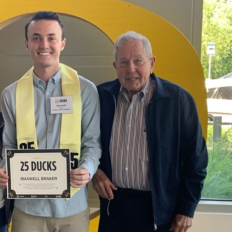 Maxwell pictured with his grandfather, Martin, at the 25 Ducks award ceremony