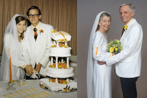 The Langs on their wedding day in 1971 and 50 years later in 2021 celebrating their Golden anniversary
