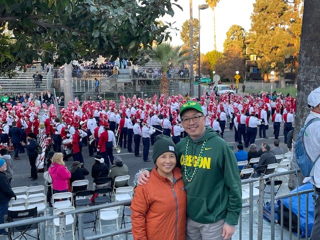 Randy Choy and Kim Kono in the Rose Parade grand stands