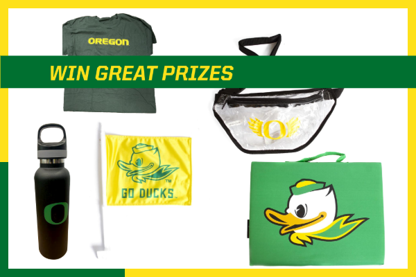 Win great prizes - Oregon branded T-shirt, clear fanny pack, water bottle, flag, and tote bag