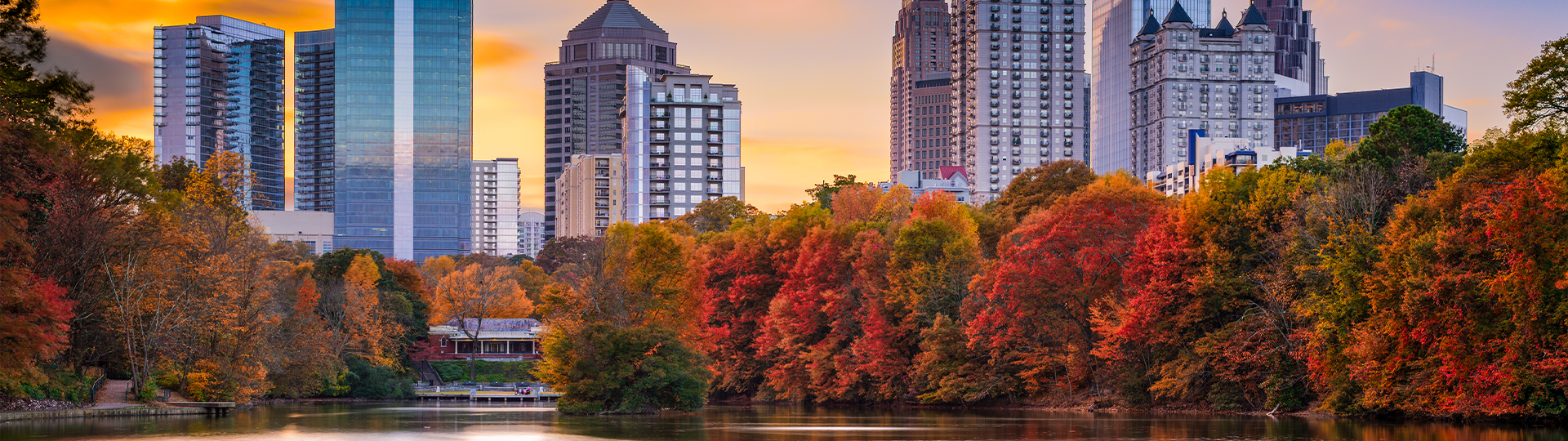 Trees in fall in front of city of Atlanta, Georgia