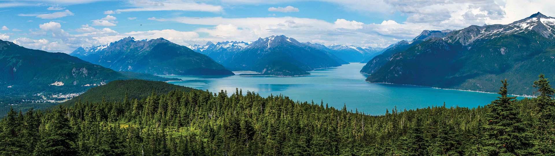 View of lake in Alaska with trees and mountains in background