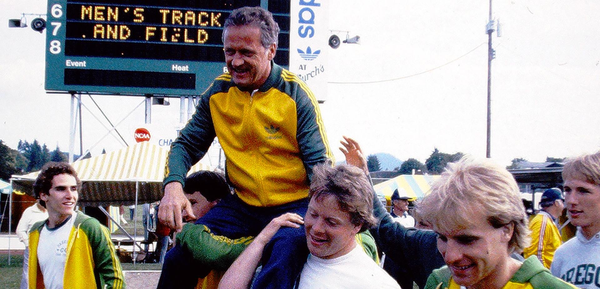 Bill Dellinger and his team celebrate winning the 1984 NCAA Track Championship at Hayward Field