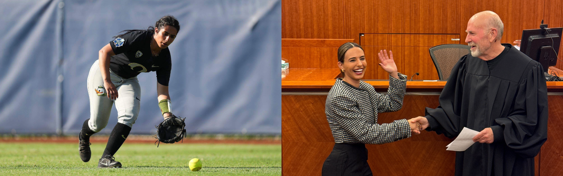 A side-by-side photo of the same person; on the left, a softball player in action; on the right, a law professional taking an oath. 