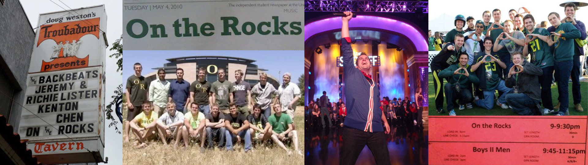 A collage of photos of 2010s On the Rocks, a Daily Emerald headline with the group's name, a concert venue sign with them in the line up and one man raising his a microphone in the air on a purple lite stage.