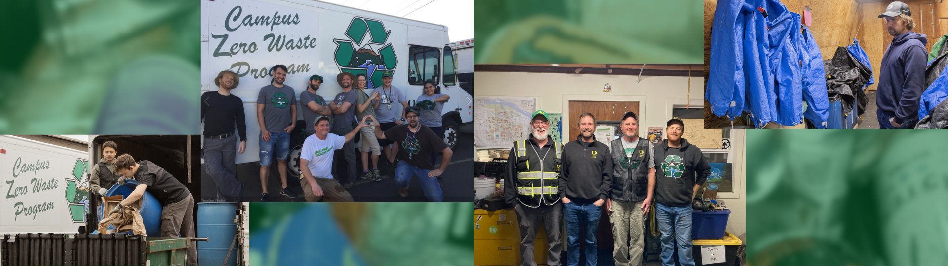 Two group photos of Zero Waste workers in on a green background of blurred cans and bottles, flanked by two photos of men working in the Zero Waste facility.