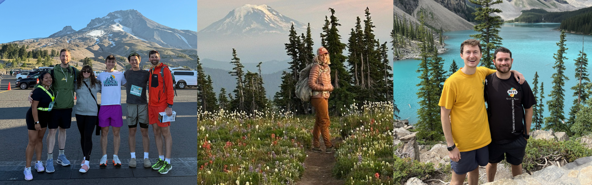Three photos of people in front of mountains.