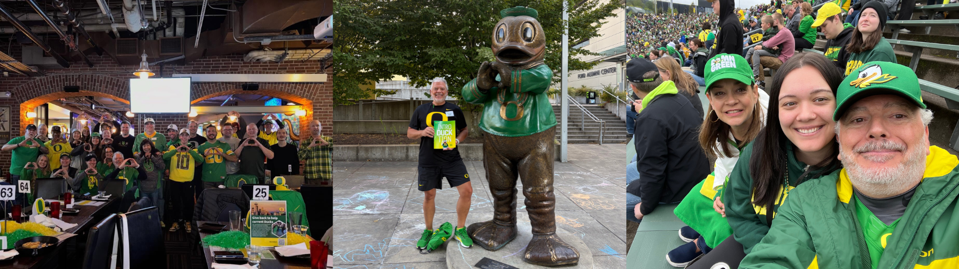 A collage of photos featuring Darren Des Roches, a nontraditional UO student wearing Oregon gear.