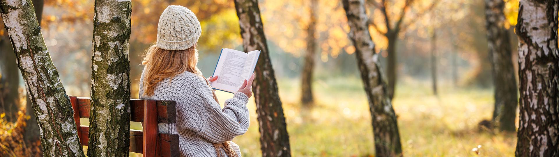 A person sits on a bench reading a book among a grove of trees with yellow leaves.