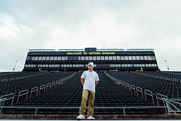 Noah Gould in front of Autzen Stadium