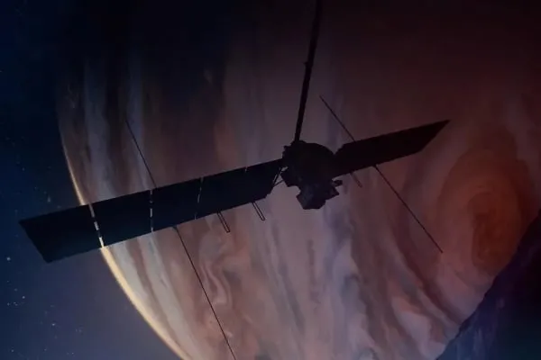 An illustration of the Europa Clipper outside of Jupiter