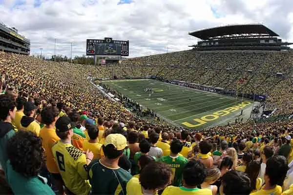 Panorama shot of inside Auzten Stadium during a fan filled game