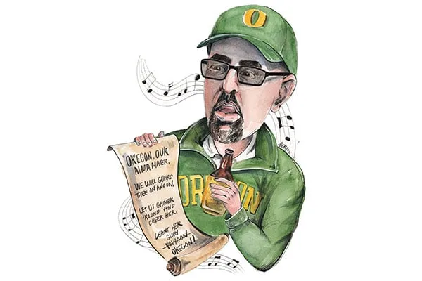 UOAA Executive Director Raphe Beck learns the UO Fight Song