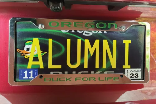 UO Vanity Plate that spells ALUMNI