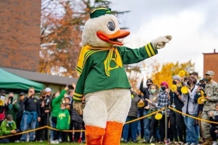 The Oregon Duck at a Homecoming pep rally