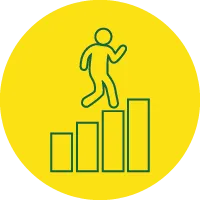green outline of person walking up bar char on yellow circle