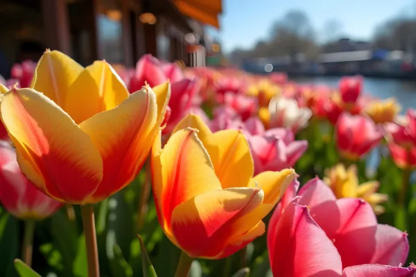 Yellow and pink tulips fill the frame, a Dutch storefront blurred in the background.