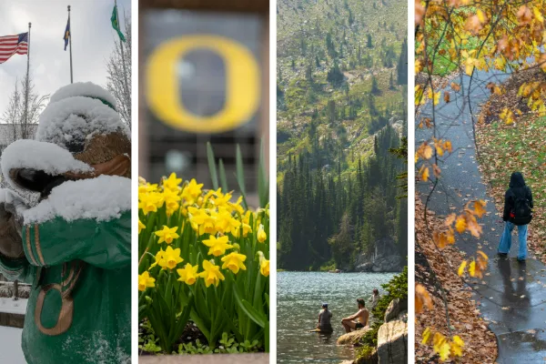 A composite graphic showing the transition of seasons on the UO campus