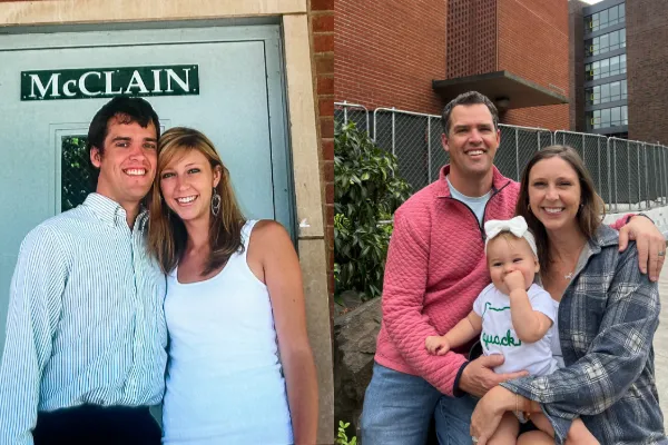 A before of a couple and a after picture of a couple with a baby. 