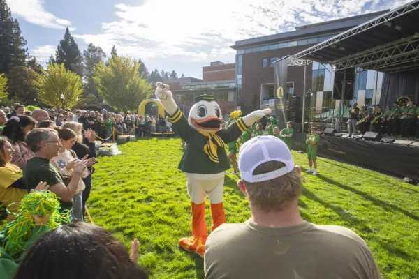 The Duck amps up the crowd at the Homecoming Pep Rally