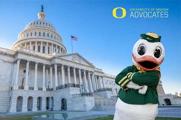 Oregon Duck mascot in front of the U.S. Capitol