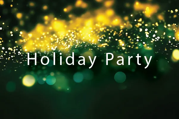 Green and yellow sparkles behind the words Holiday Party