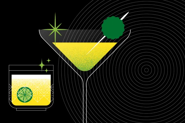 A green and yellow martini graphic and whiskey glass with a lime on a black background filled with thin growing white rings.