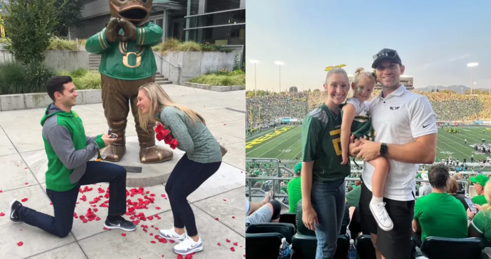 On the left, a man kneels on one knee, proposing to a woman in front of the Duck statue on the UO's Eugene campus. On the right, a man and a woman are in the stands at Autzen Stadium. The man is holding a young daughter.