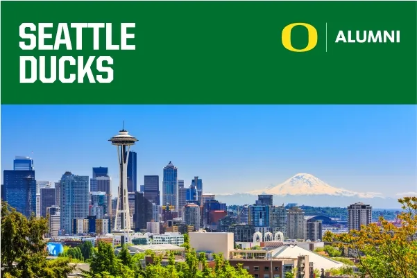 Seattle Ducks text on a green banner above a photo of the Seattle skyline.