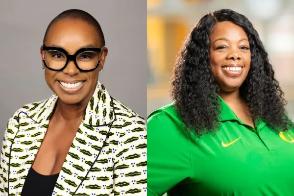 On the left half of a collage is a Black woman in her forties smiling at the camera wearing black thick rimmed glasses and a yellow suit coat with black and yellow graphics. On the right half is a smiling Black woman with curly hair to her shoulders in a bright green polo with a yellow Oregon O on the breast.