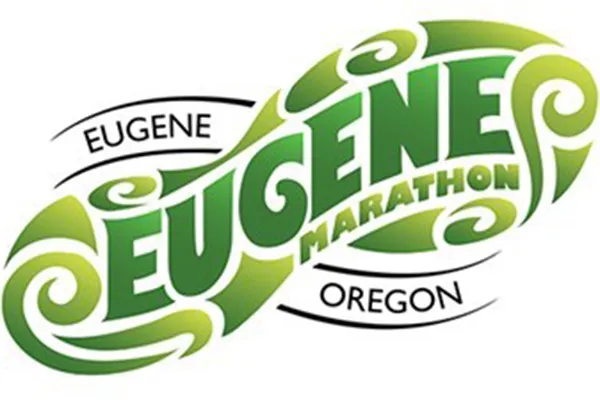 Eugene Marathon in green text surrounded in swirls to look like the sole of a running shoe. Black text above and below says Eugene Oregon.