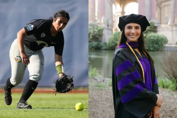 Side‑by‑side photos of the same person: on the left, a softball player in action; on the right, a law student in graduation attire.