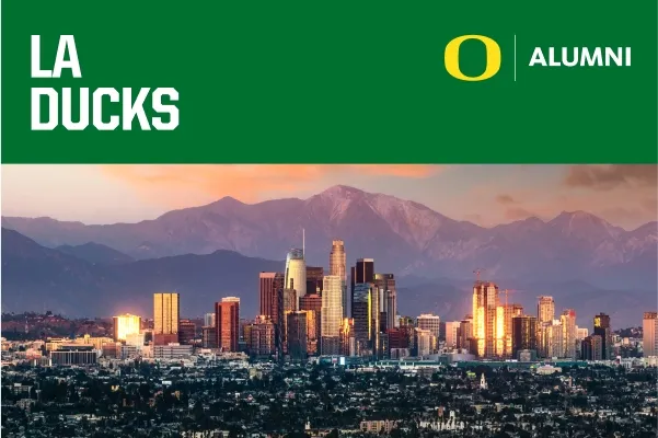 LA Ducks text on a green banner above a photo of the Los Angeles skyline.