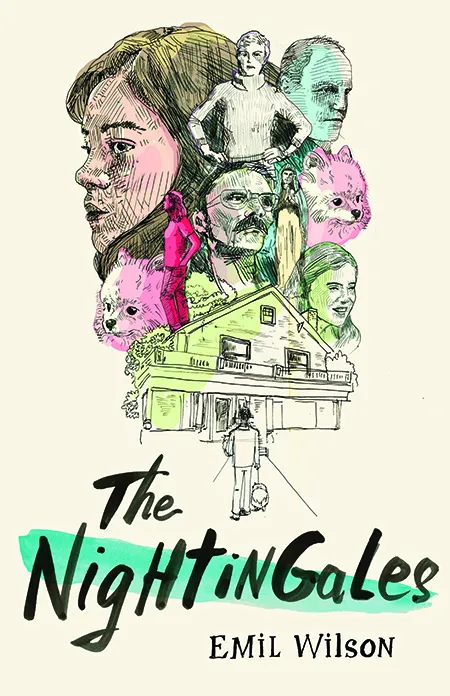 Faces in a sketch style in black pen and multicolor highlighter above the sketch of a house and title The Nightingales by Emil Wilson.