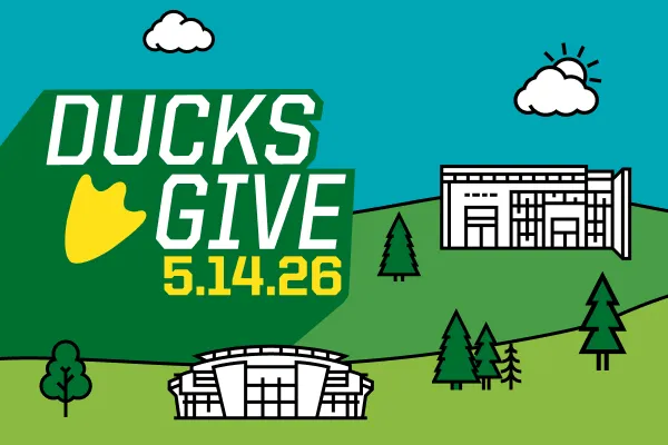 Ducks Give 5.14.26 text on a green and blue background with simple line graphics of two campus buildings.