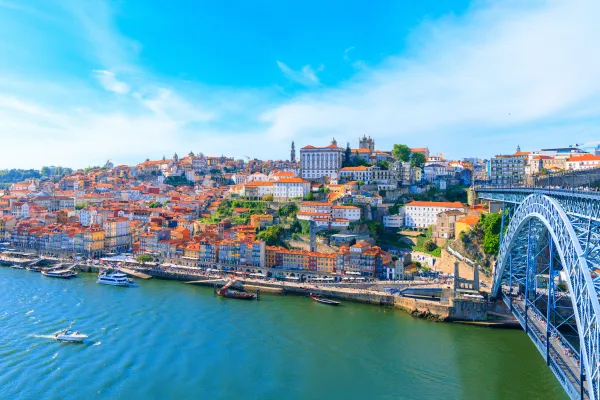 Red-roofed buildings cluster beyond a blue river into the horizon of a blue sky.