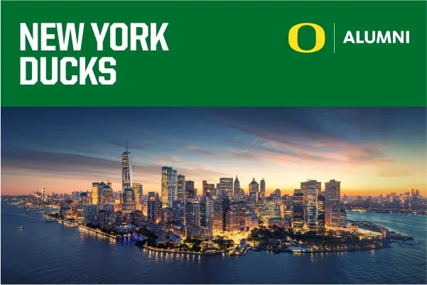 New York Ducks with a photo of the NYC skyline