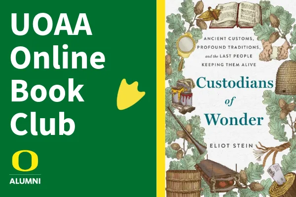 UOAA Online Book Club text on the left. On the right is the book cover for Custodians of Wonder by Eliot Stein.
