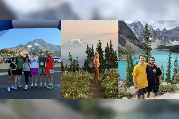 Three photos of people in front of mountains.