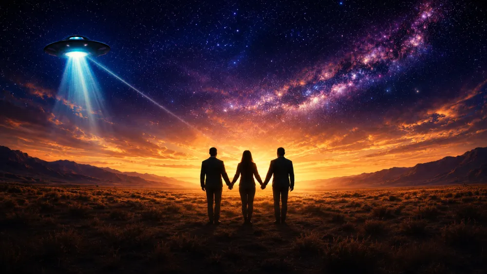 Three silhouettes of people hold hands walking into a desert sunset with a UFO in the sky and a starry night sky.