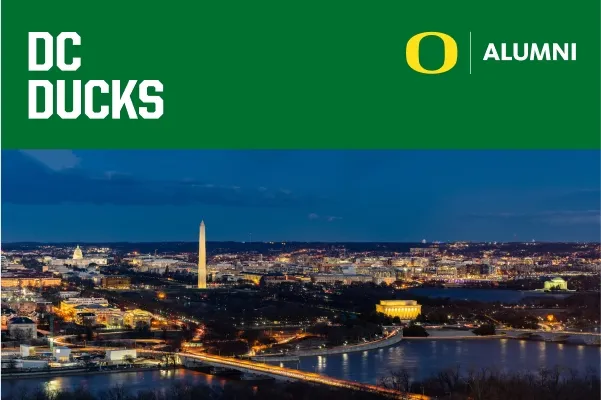 DC Ducks on a green banner above a nighttime photo of the National Mall in Washington, DC.